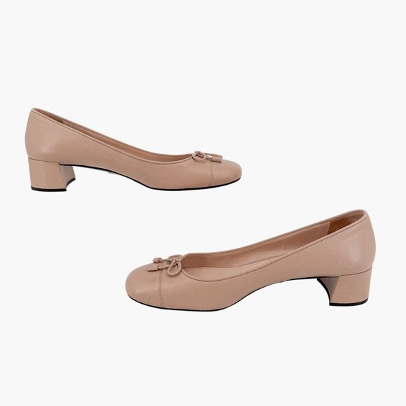 Prada Cap Toe Logo Ballet Pumps Heels Beige Leather Size 40 US 10 Block Heel